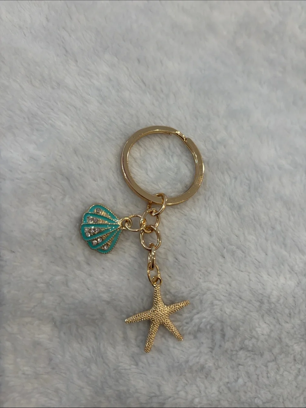 Gold Toned Starfish & Turquoise Shell Beach Ocean Sea themed Keychain NWT
